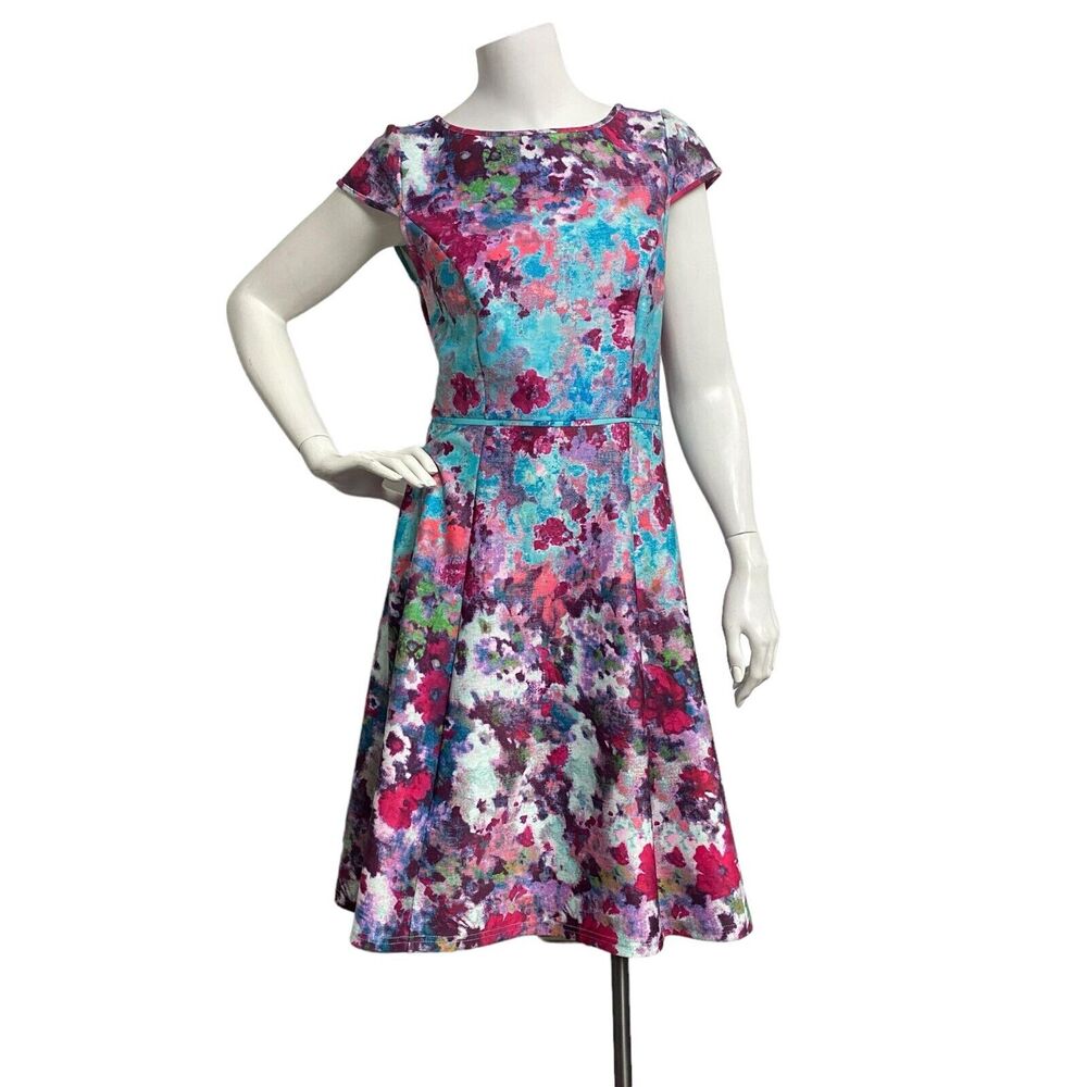 ADRIANNA PAPELL Multi Aqua Floral Scuba Womens Sz 4 Fit & Flare Cocktail Dress - Picture 2 of 10